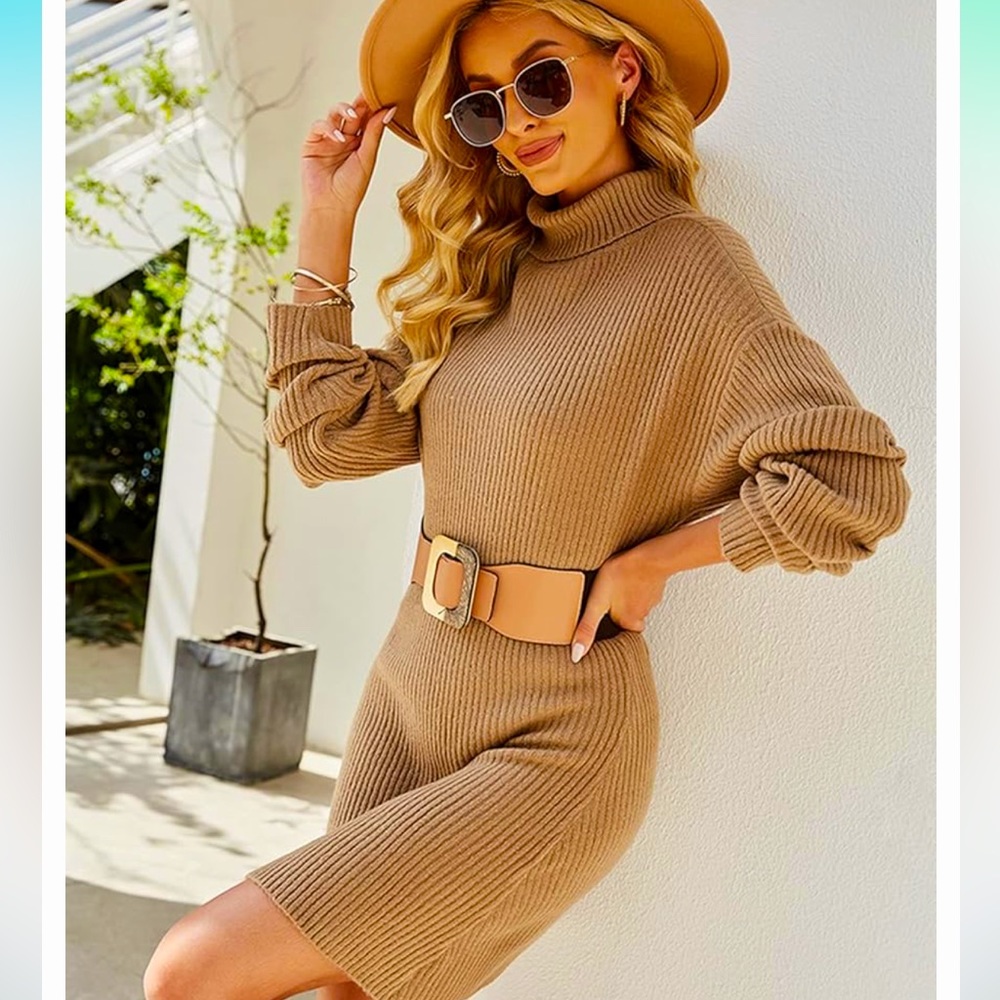 Ribbed Turtleneck Sweater Dress Long Sleeve Pullover Dress